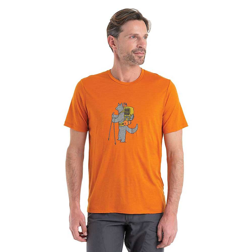 Men's orange merino T-shirt, crew neck, short sleeves, front character print