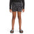 A child in a black long-sleeve shirt, The North Face Girls Printed Amphibious Knit Class V 3 Inch Short with a floral pattern, and black slide sandals stands facing forward against a plain white background.