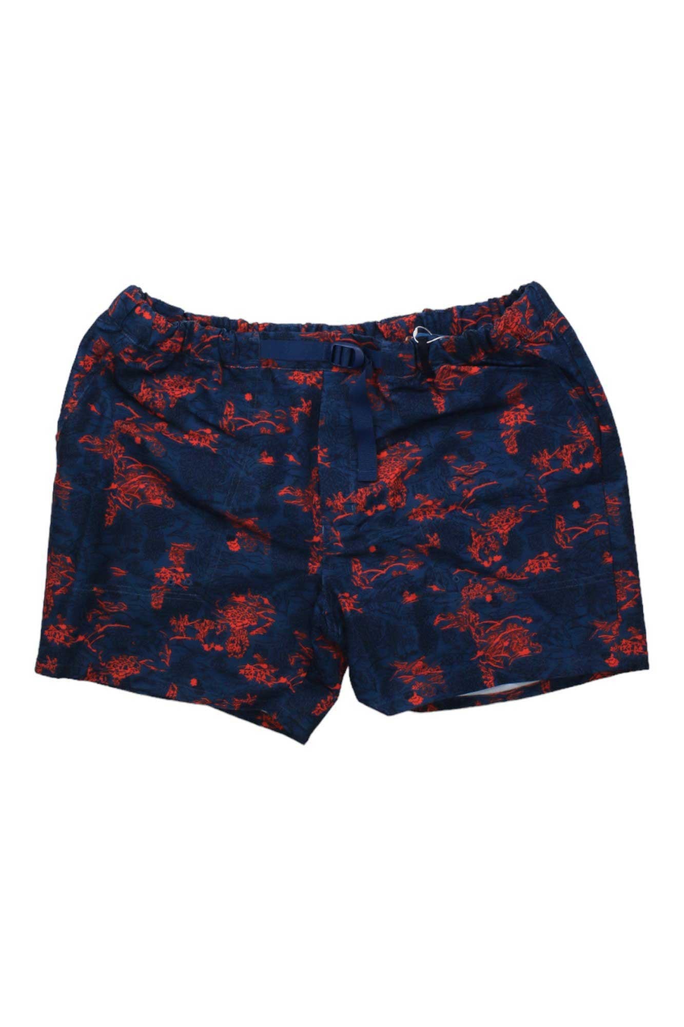The Helly Hansen Mens Solen 6 Inch Printed Recycled Watershort features a navy blue base with a red tropical print, elastic waistband, adjustable drawstring, UPF 50 sun protection, and is made from recycled watershort fabric.