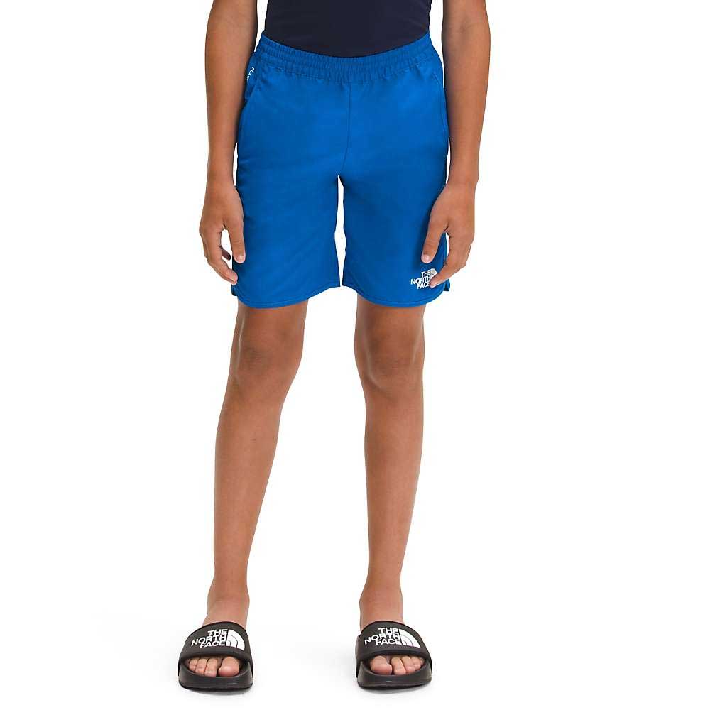 Boys water shorts in royal blue with The North Face logo on right leg