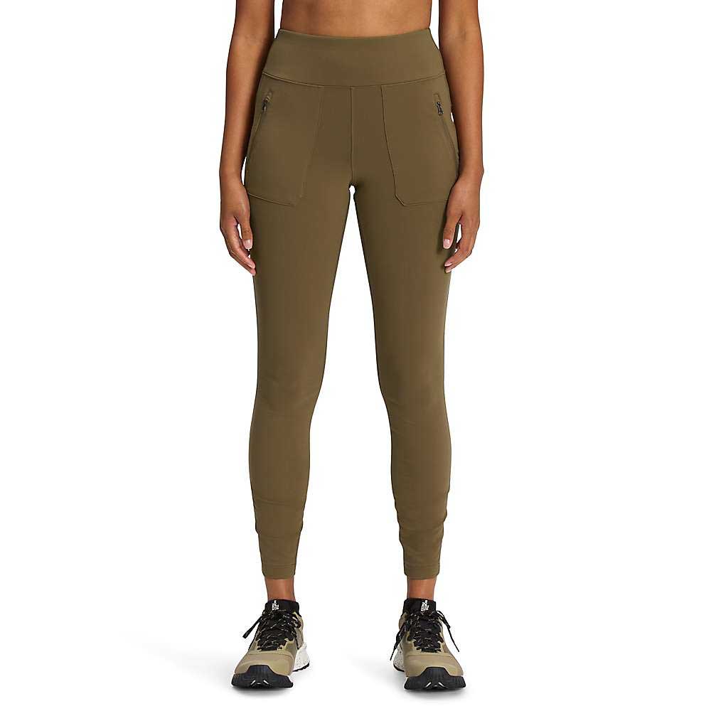 Women's high-rise active hybrid tights, military olive green with zip pockets