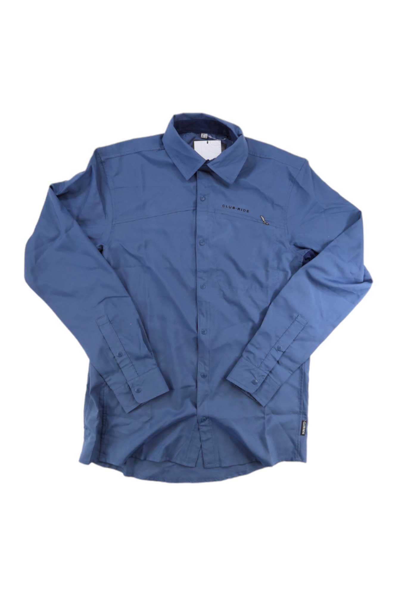 The Club Ride Men's Protocol Long Sleeve Shirt in light blue features a collar, buttoned cuffs, and a small chest logo. Made from lightweight, moisture-wicking fabric—ideal for biking or everyday wear.