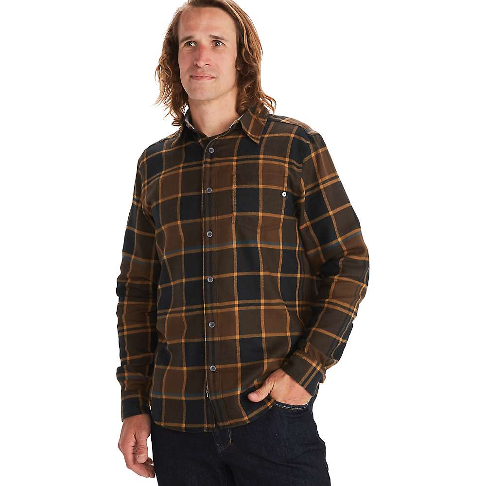 Men's long-sleeve button-up merino shirt, dark plaid pattern