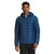 A person wears The North Face Mens ThermoBall Eco Hoodie in blue, with a quilted design and front zipper, standing against a plain white background.