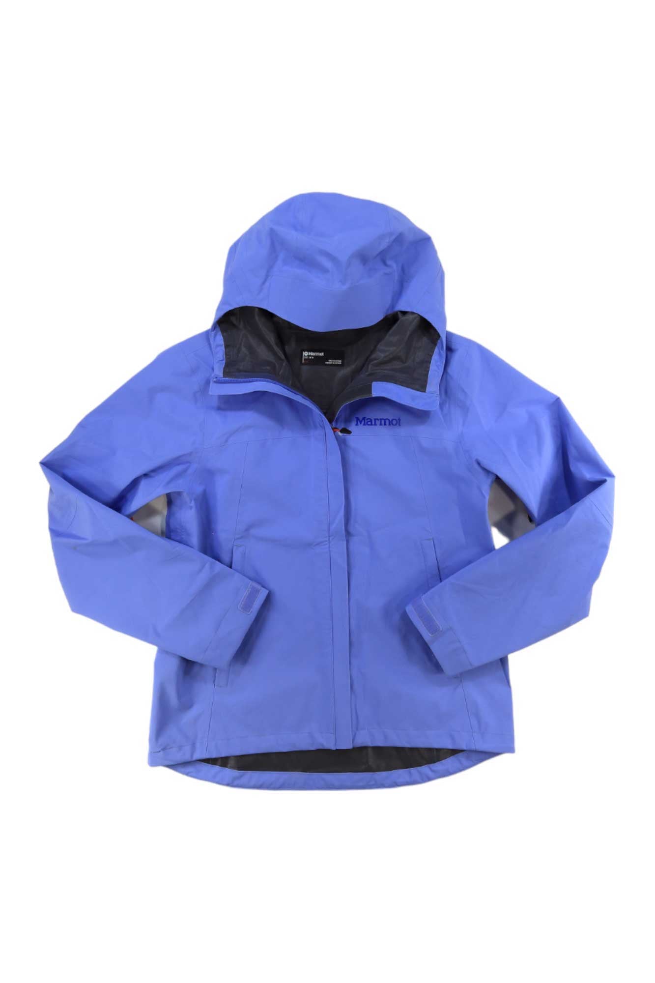 The Marmot Womens PreCip Eco Pro Jacket is a light purple hooded rain jacket with long sleeves, a front zipper, and the Marmot logo on the chest, shown on a white background.