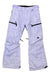 The Burton Girls Elite Cargo Pant in light purple features a white speckled pattern, thigh black zipper pockets, belt loops, and a black and white mountain logo on the left leg. These insulated waterproof pants are shown laid flat on a white background.