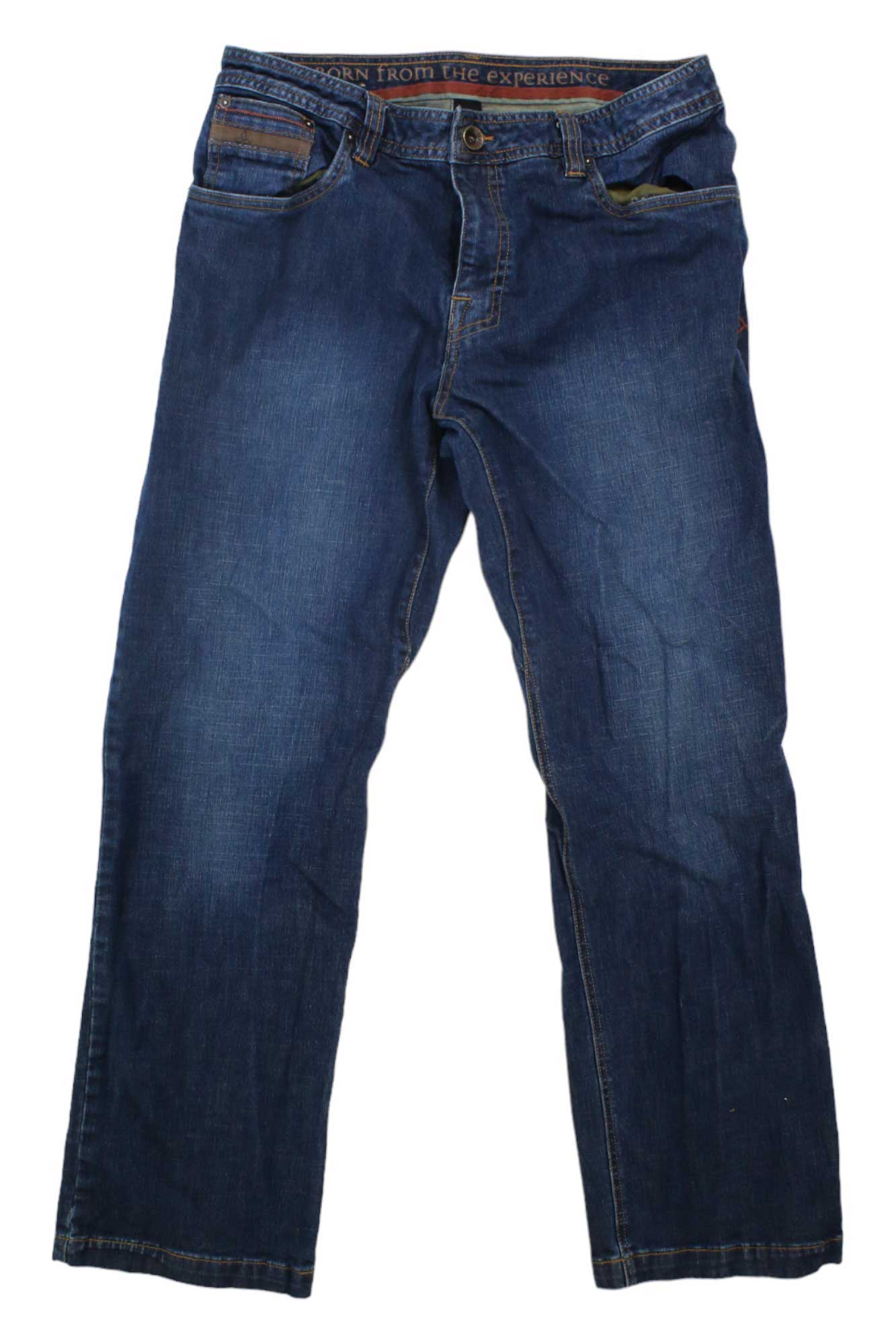 The Prana Mens Axiom Jeans, crafted from organic stretch denim in blue with a straight leg cut, front pockets, visible stitching, and a gusseted inseam, are shown laid flat on a white background.