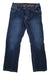 The Prana Mens Axiom Jeans, crafted from organic stretch denim in blue with a straight leg cut, front pockets, visible stitching, and a gusseted inseam, are shown laid flat on a white background.