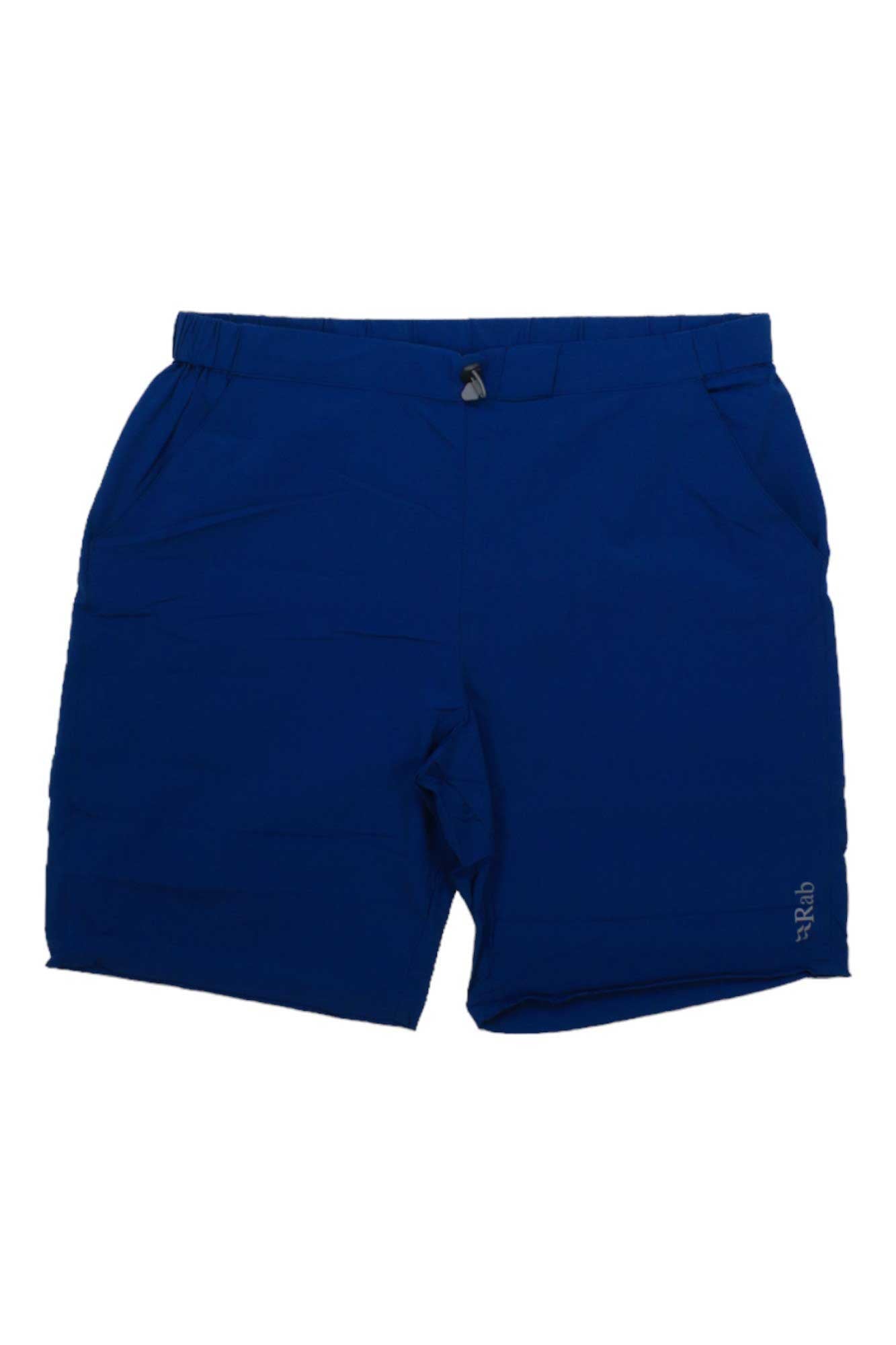 The Rab Mens Momentum 9 Inch Short is a pair of blue ultralight men's shorts with an elastic waistband, side pockets, water-resistant fabric, and a small logo on the lower left leg.