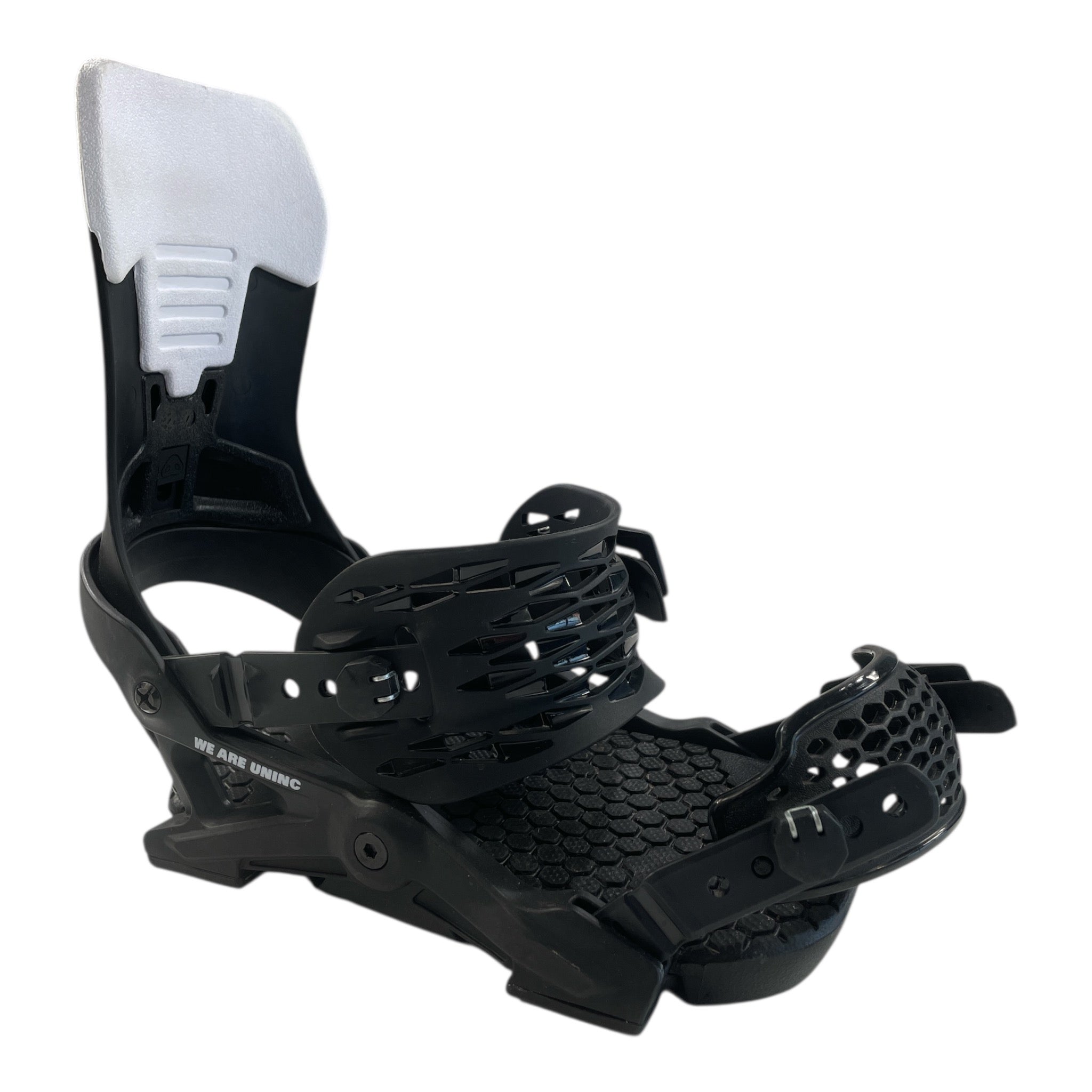 The YES Select Snowboard Bindings, featuring a black base, white highback, adjustable straps, and a textured footbed for enhanced board control, are displayed on a white background.