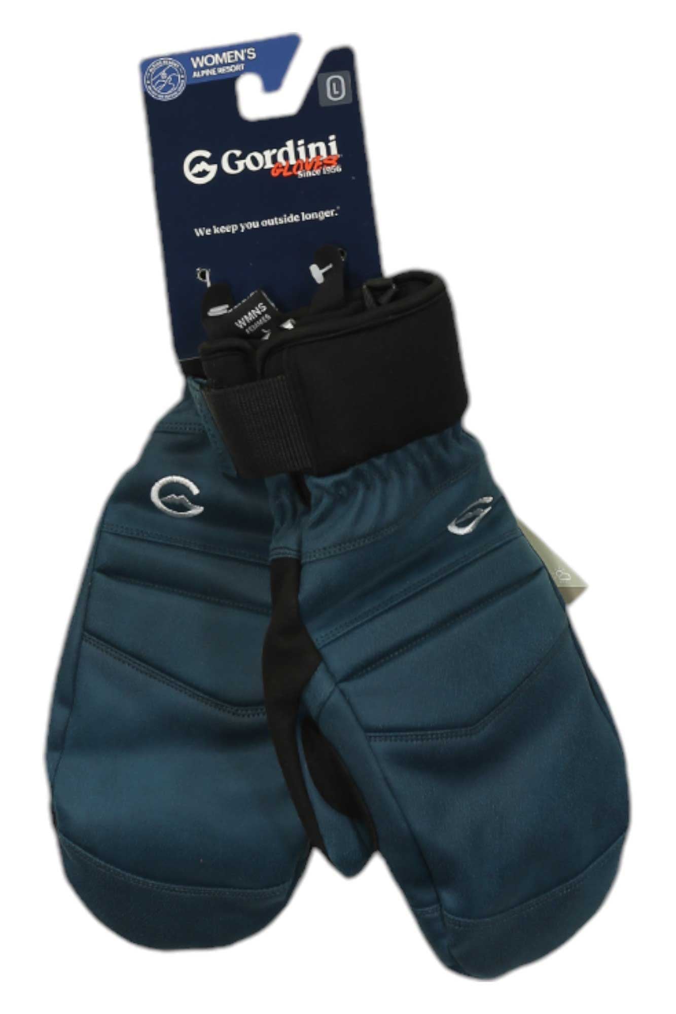 A pair of teal Gordini Women's Ridgeline Mitts with black adjustable wrist straps is shown on branded packaging. Waterproof and featuring synthetic insulation, these smooth-finish mitts are designed for outdoor use.