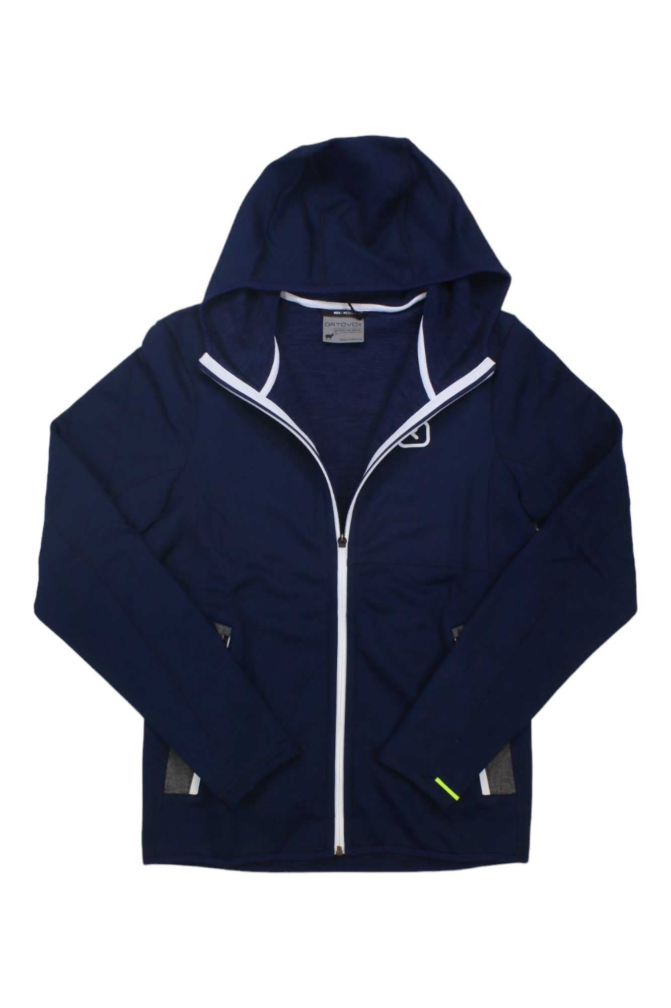 The Ortovox Mens Fleece Hoody in navy blue features a white zipper and trim, two front pockets, and long sleeves, displayed laid flat on a white background.