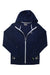 The Ortovox Mens Fleece Hoody in navy blue features a white zipper and trim, two front pockets, and long sleeves, displayed laid flat on a white background.