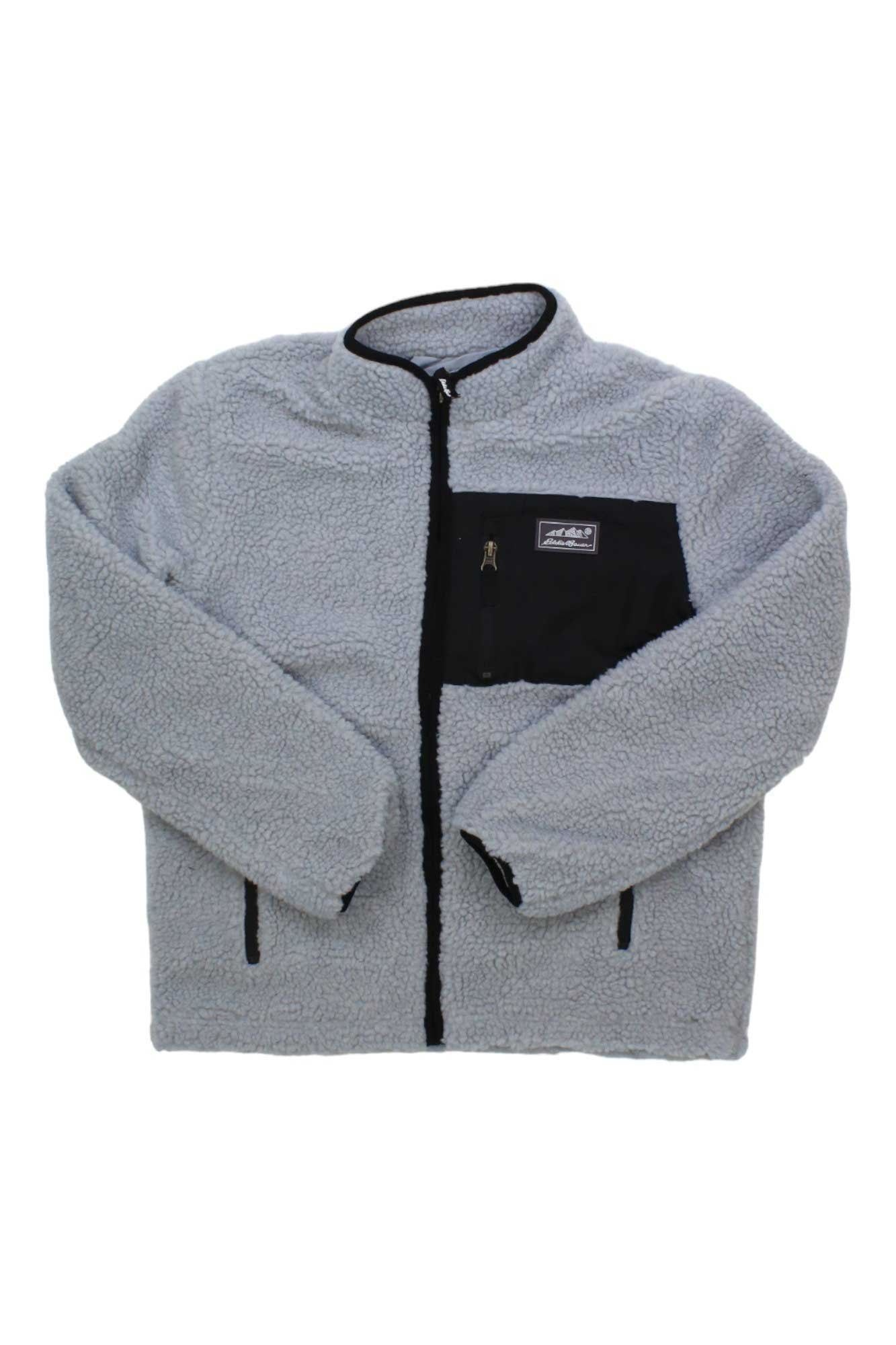 The Eddie Bauer Kids Chilali Fleece Jacket is a light gray fleece with black trim, two zippered side pockets, and a black chest pocket featuring the Eddie Bauer logo patch. The insulated jacket is shown on a white background.
