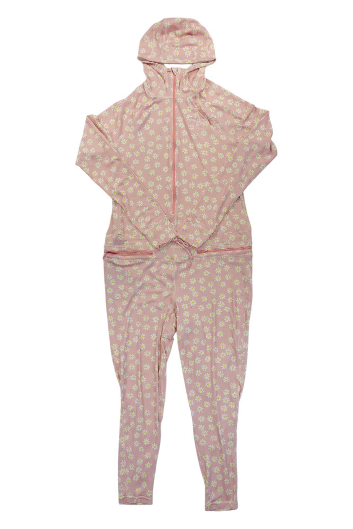 The Airblaster Womens Classic Ninja Suit is a pink, full-body hooded jumpsuit with 4-way stretch fabric, long sleeves and legs, a front zipper, and a cute small white floral pattern—perfect for stylish comfort.