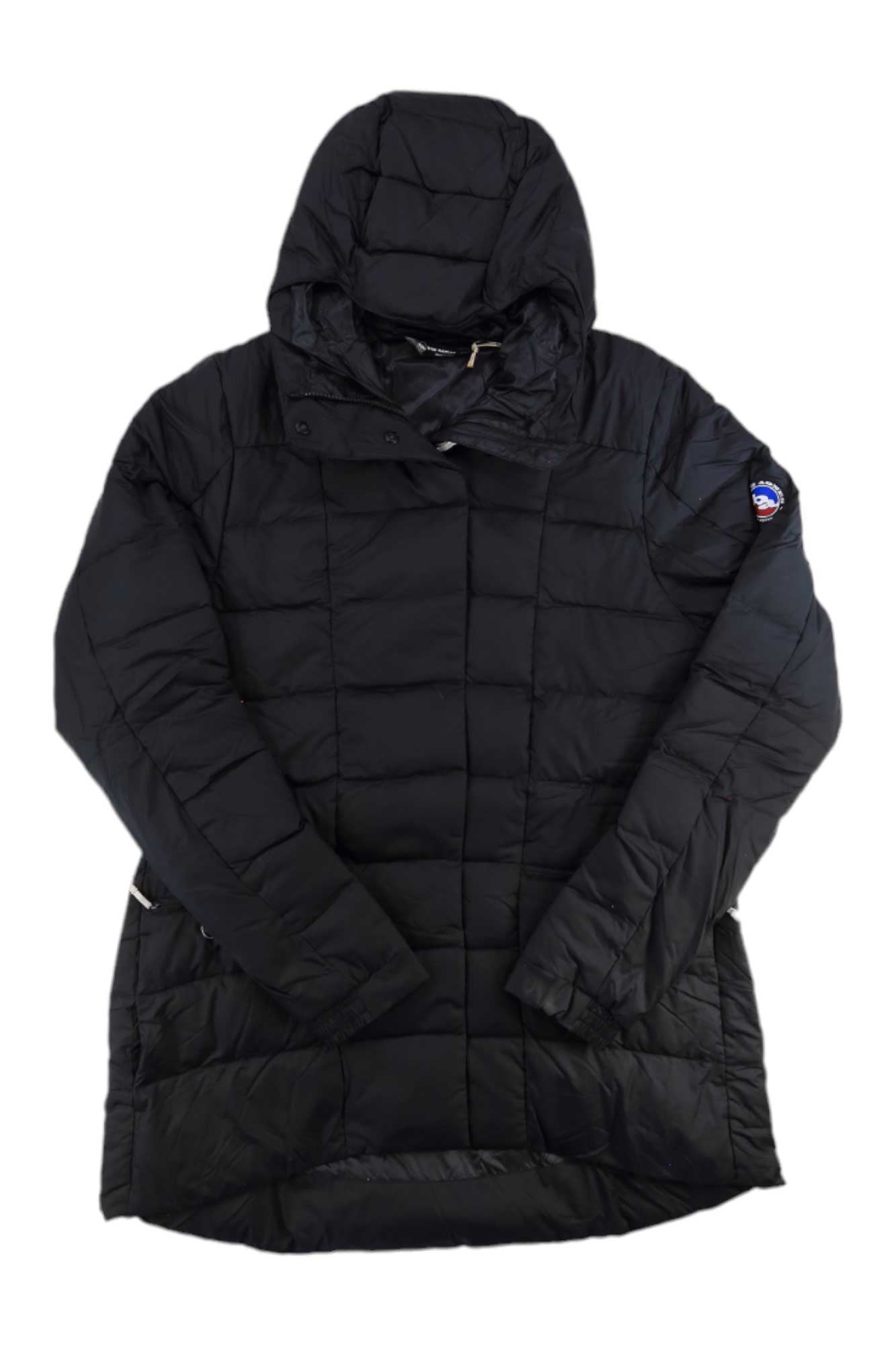 Women’s quilted hooded jacket in black with long sleeves, front zipper, and logo patch