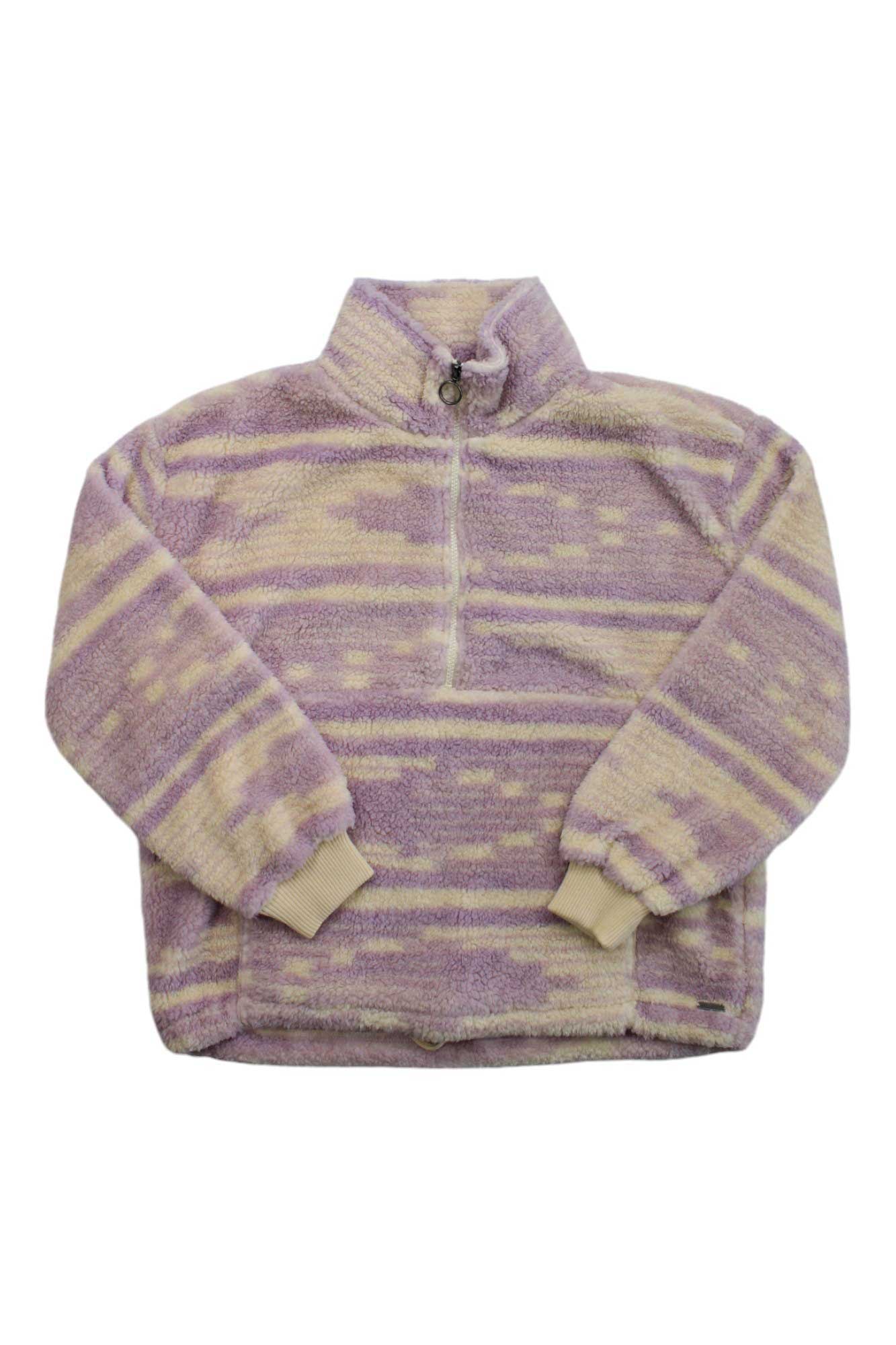 The Billabong Womens Time Off Pullover is a fuzzy, long-sleeve polar fleece with a half-zip, high collar, ribbed cuffs and hem, and features pastel purple and cream stripes for a cozy, casual look.