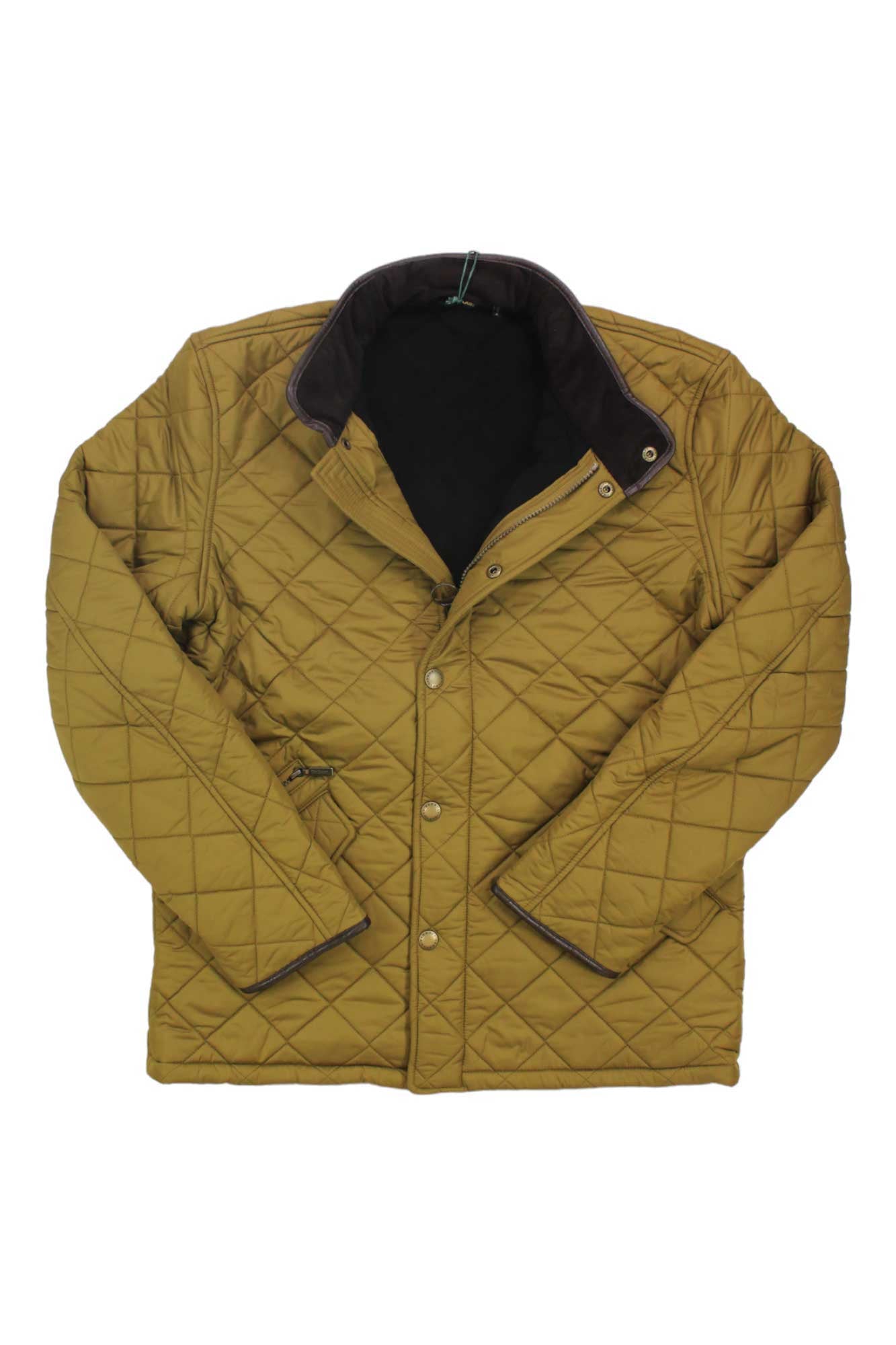 Olive quilted jacket, diamond stitching, button placket, two chest pockets with flaps.