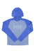 The Helly Hansen Juniors Daybreaker Hoodie is a light blue and purple Polartec fleece with long sleeves, a large HH logo on the front, and a cozy kangaroo pocket. Laid flat on a white background.