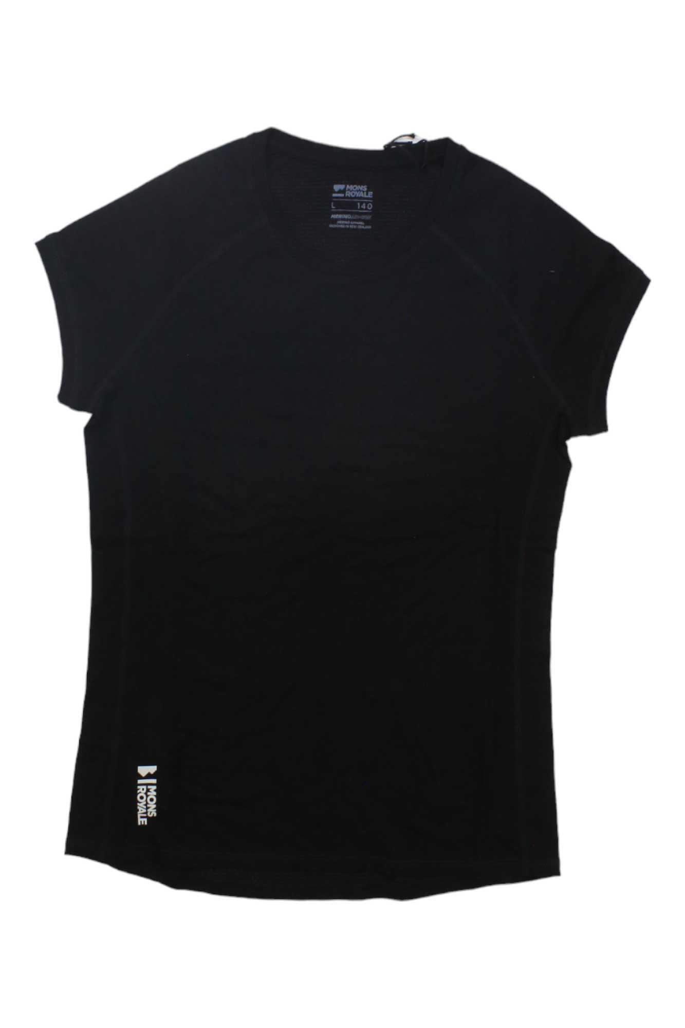 The Mons Royale Women's Bella Tech Tee is a plain black, short-sleeve fitness top with breathable fabric and a small white Model People logo near the lower left hem, shown laid flat on a white background.