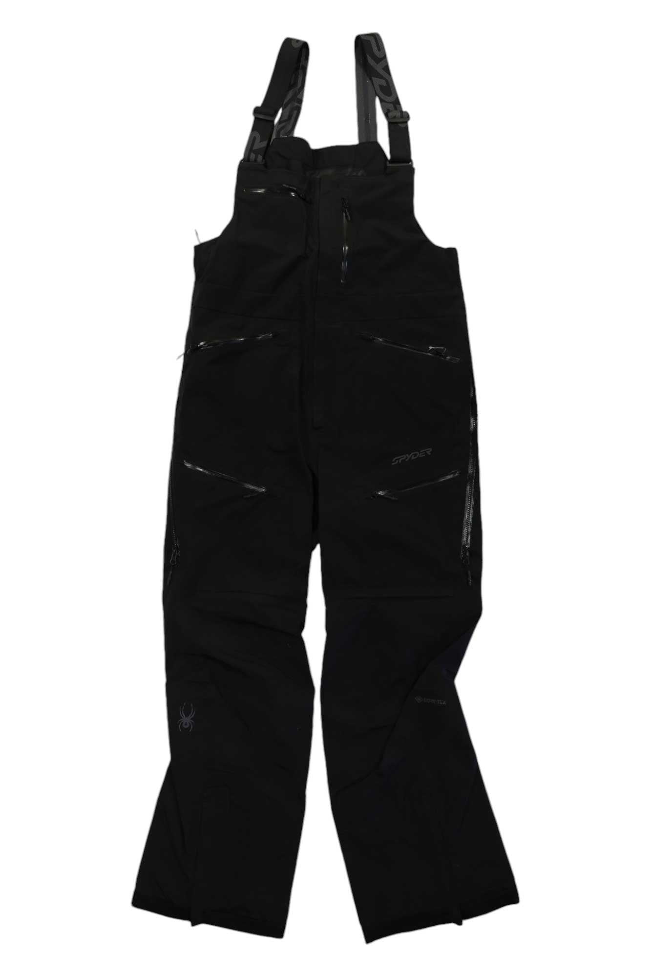 Spyder Mens Sanction GTX Shell Bib Pant features adjustable suspenders, multiple zippered pockets, and a front zipper; made with waterproof GORE-TEX—perfect for winter sports and outdoor activities.