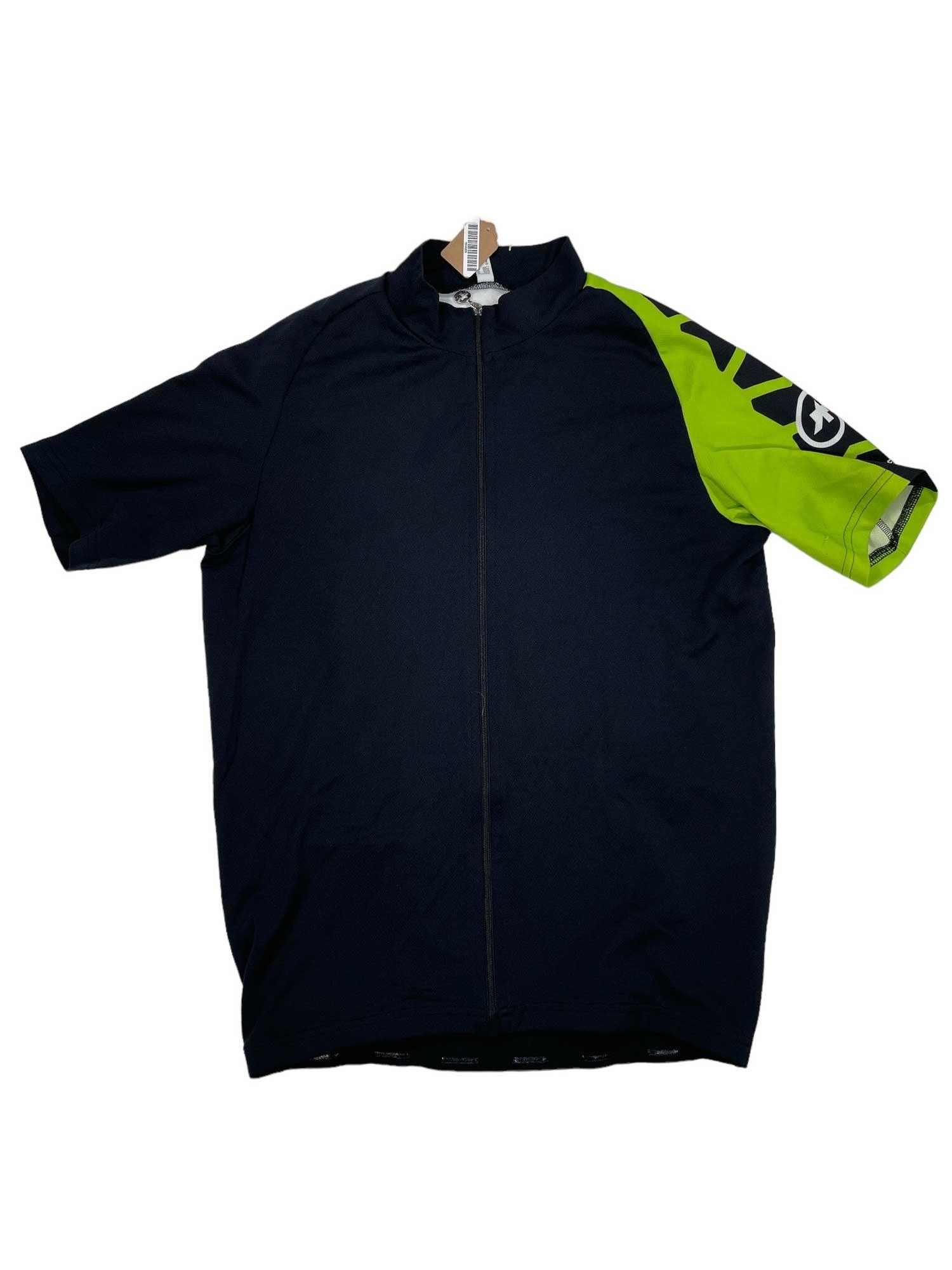 Black short-sleeve jersey with neon green side sleeve panel and striped cuff detail