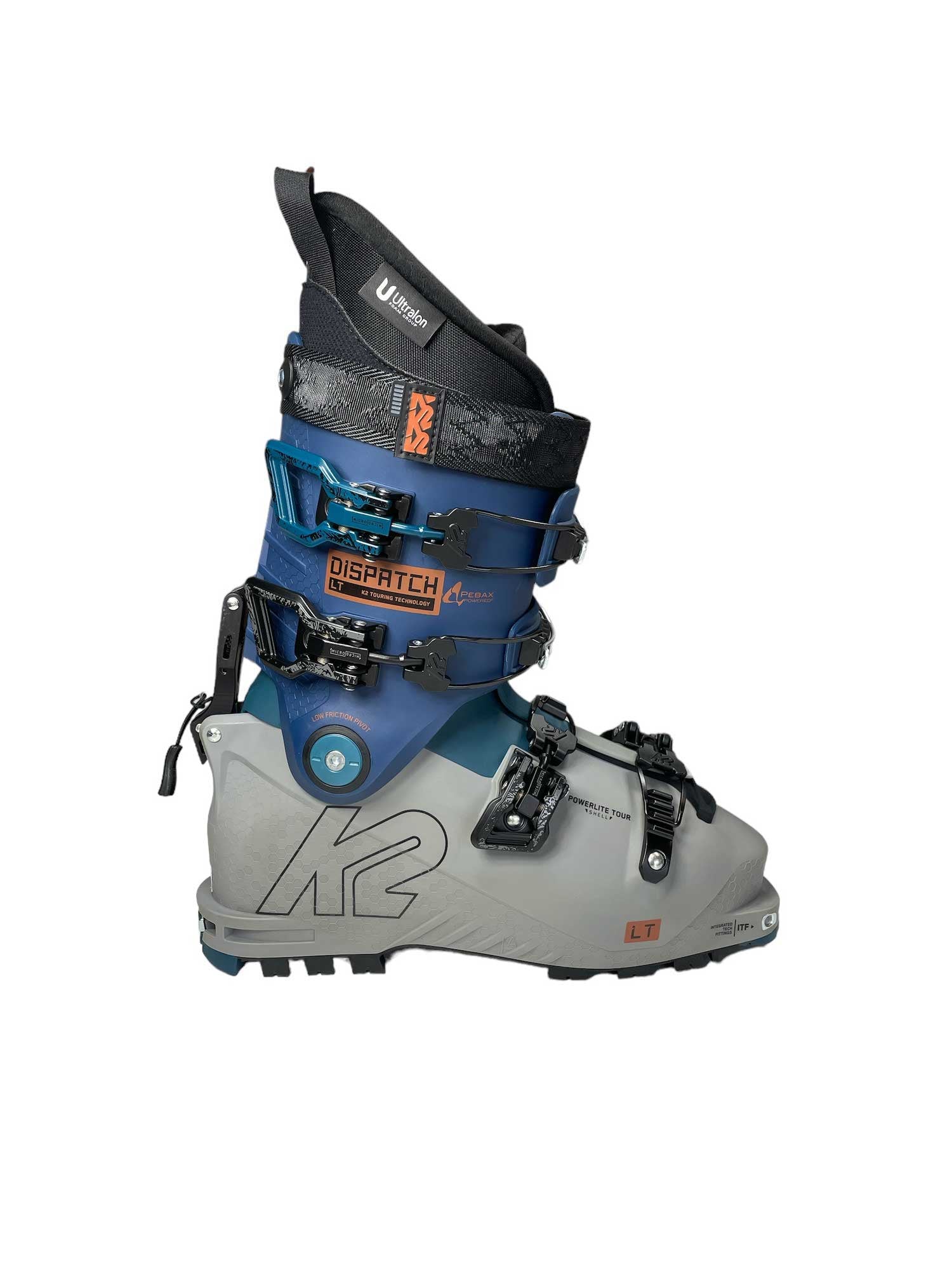 Men's ski boot with blue cuff, black liner, and light grey shell with buckles