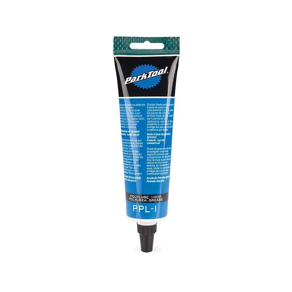Park Tool polylube grease tube, blue text label, black dispensing nozzle