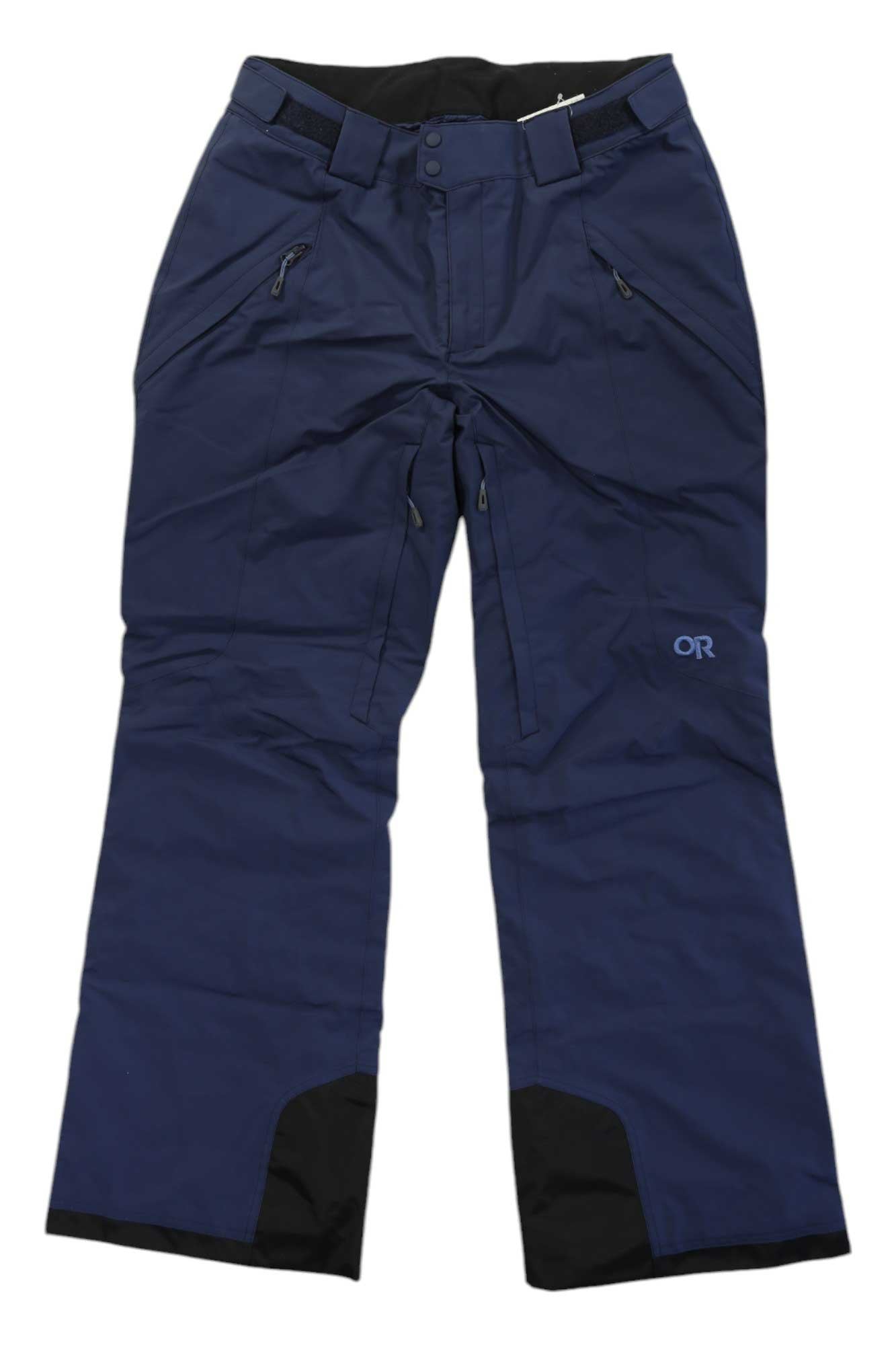 The Outdoor Research Womens Snowcrew Pant in navy blue features waterproof fabric, black reinforced cuffs, zippered pockets, and adjustable waist tabs, shown against a white background.
