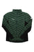 The Mammut Men's Albula IN Hybrid Jacket is a green quilted hiking jacket with black side panels, front zipper, high collar, MAMMUT logo on the left chest, a round patch on the left sleeve, and synthetic vegan down insulation.