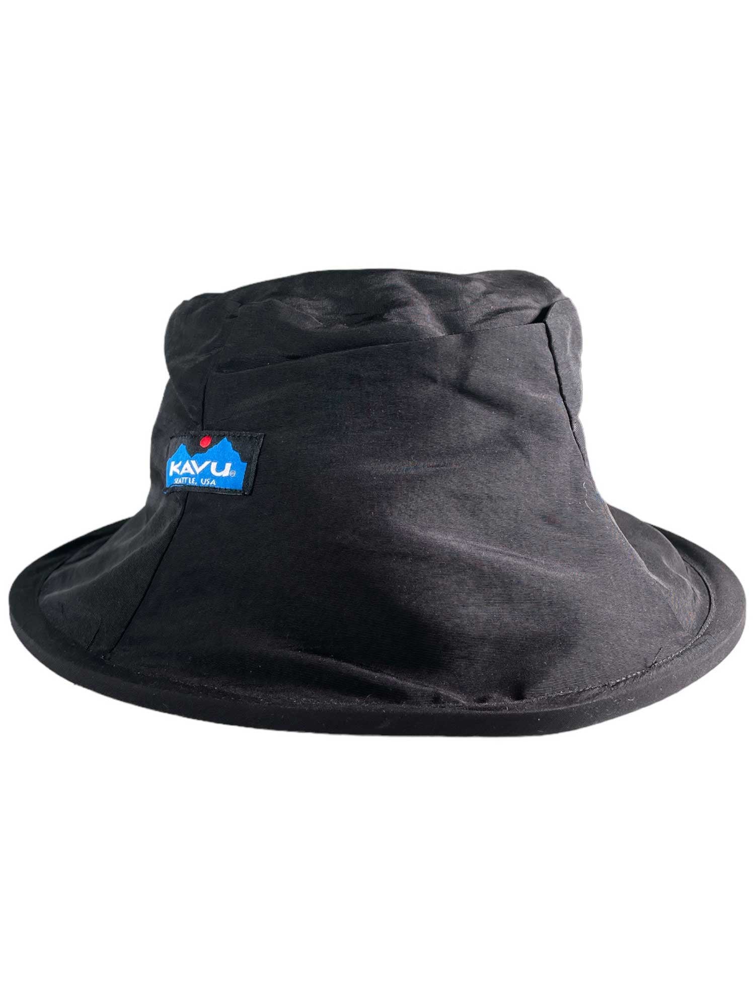 The KAVU Fishermans Chillba Hat is a black, quick-drying sun hat featuring a slightly wide brim, blue KAVU tag on the front, and a simple unstructured design inspired by the classic Fisherman’s Chillba style.