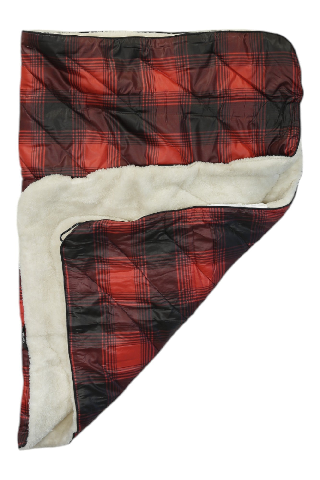 The Rumpl Juniors Sherpa Puffy Blanket, featuring a red and black plaid design with a soft white fleece lining, is shown partially folded to display both its patterned side and fluffy underside.