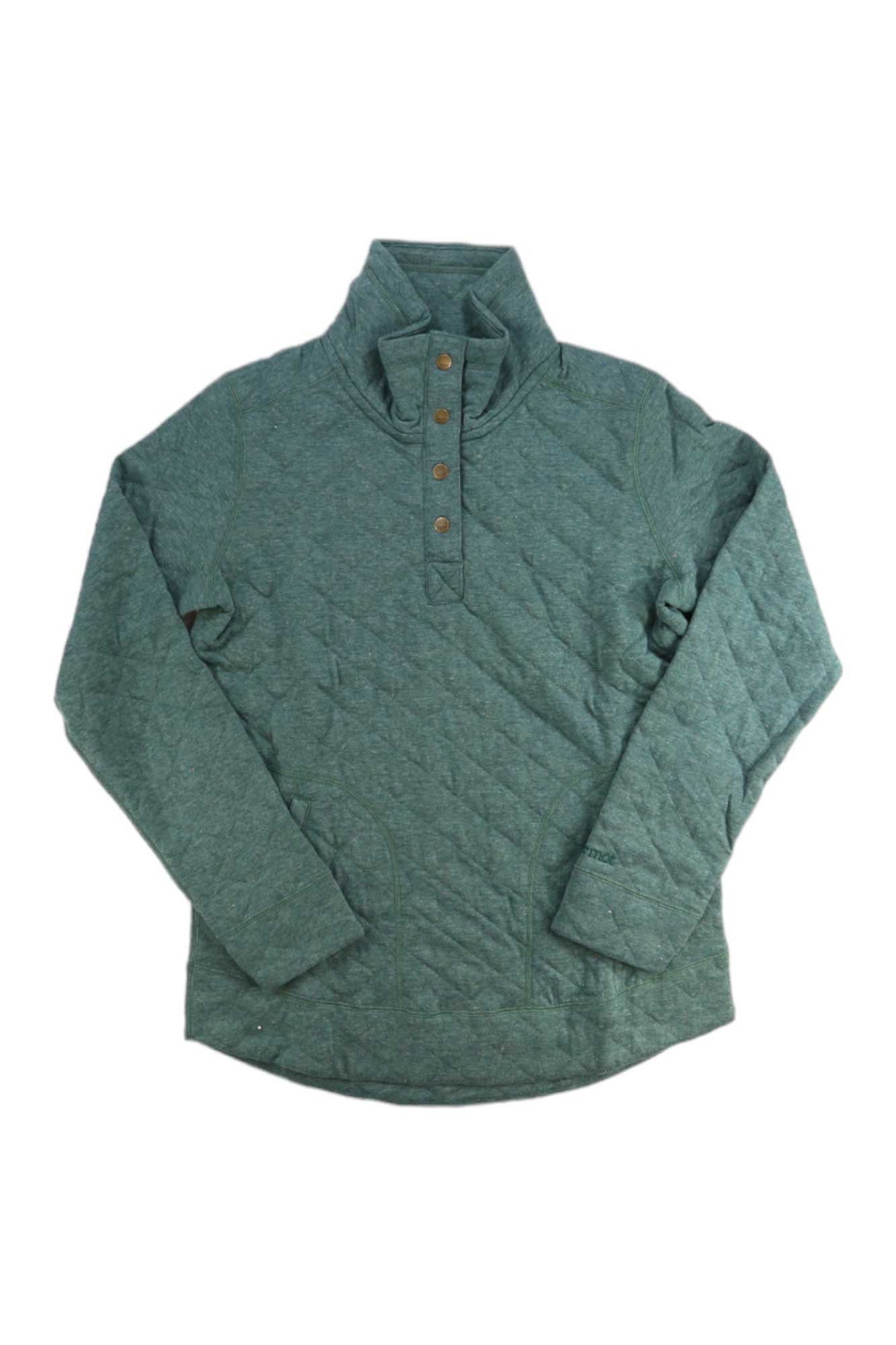 The Marmot Womens Roice Long Sleeve Pullover features a green quilted design, high collar, and five-button placket. Its textured, quick-drying fabric is cozy and perfect for cool weather or as a stylish hiking shirt.