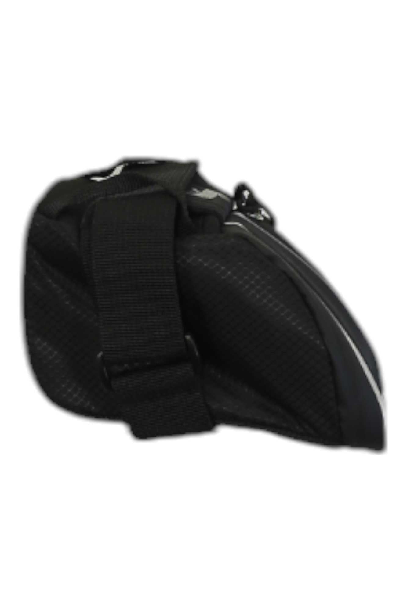 The Lezyne Micro Caddy, a compact saddle bag with a textured surface, is shown from the side on a plain white background. It features a water-resistant zipper, wide adjustable strap, and semi-rigid aerodynamic shape.