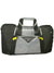 Cycle gear bag with gray front pocket, black main compartment, side zippers, yellow accents