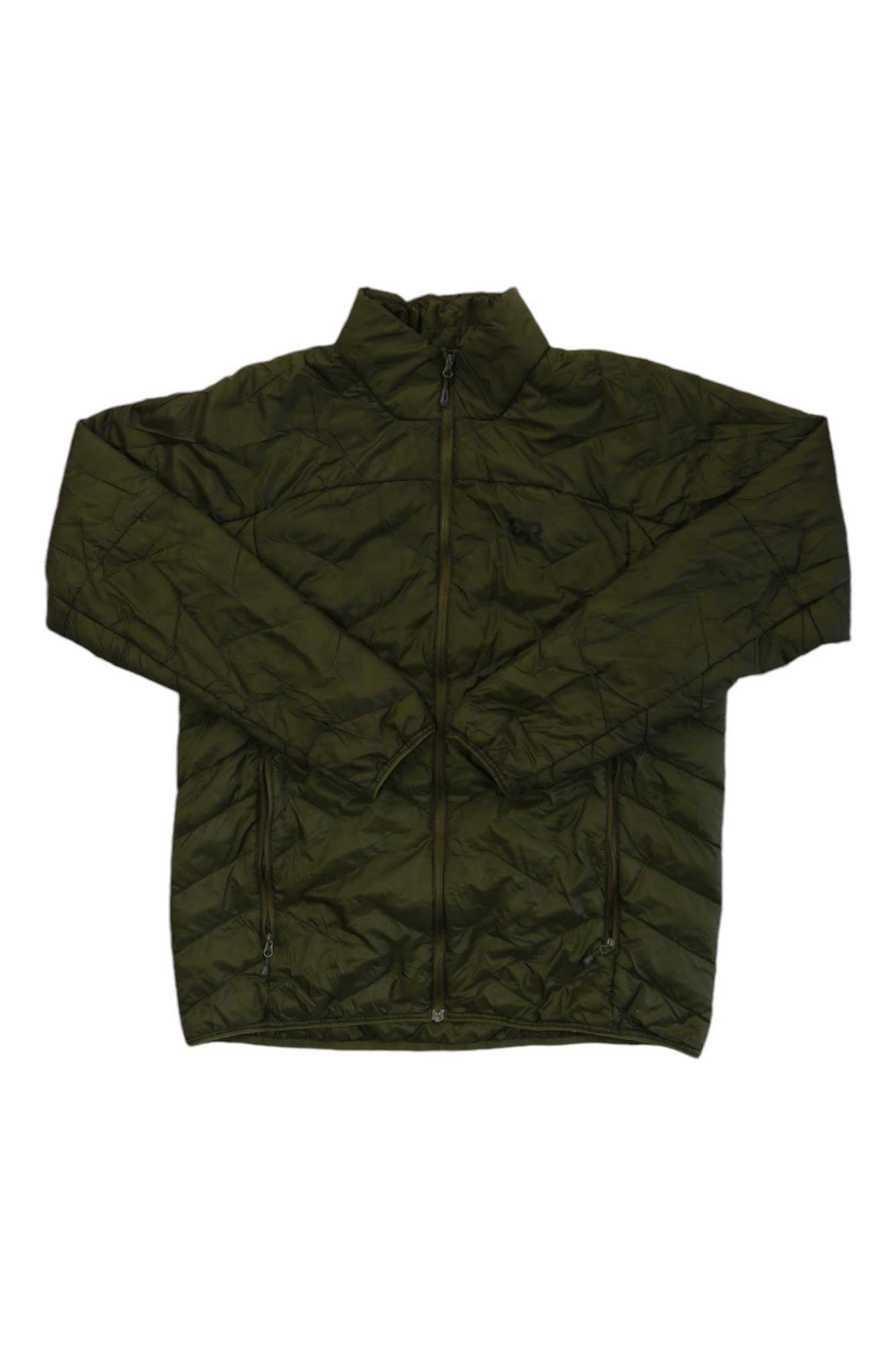 Outdoor Research Men's SuperStrand LT Jacket in olive green, featuring an ultralight quilted design, front zipper, high collar, and two zippered side pockets, shown flat on a white background.