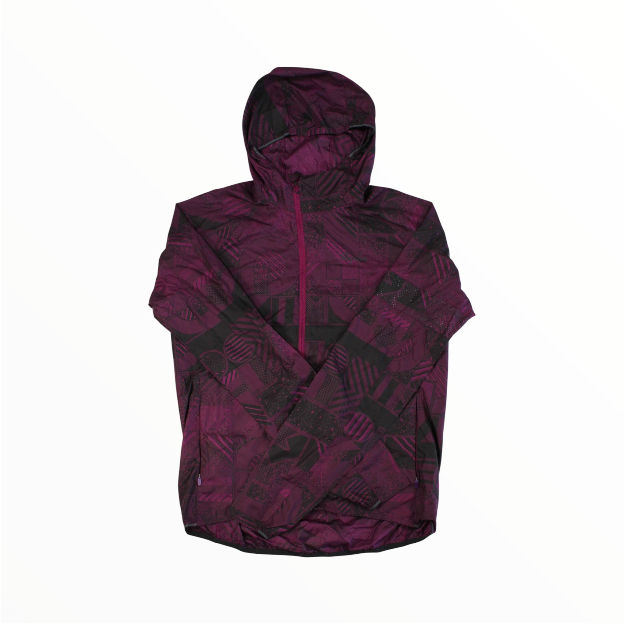The Rapha Mens Commuter Lightweight Jacket, shown flat on a white background, features a purple and black abstract geometric design, front zipper, hood, and lightweight build—ideal for daily wear.