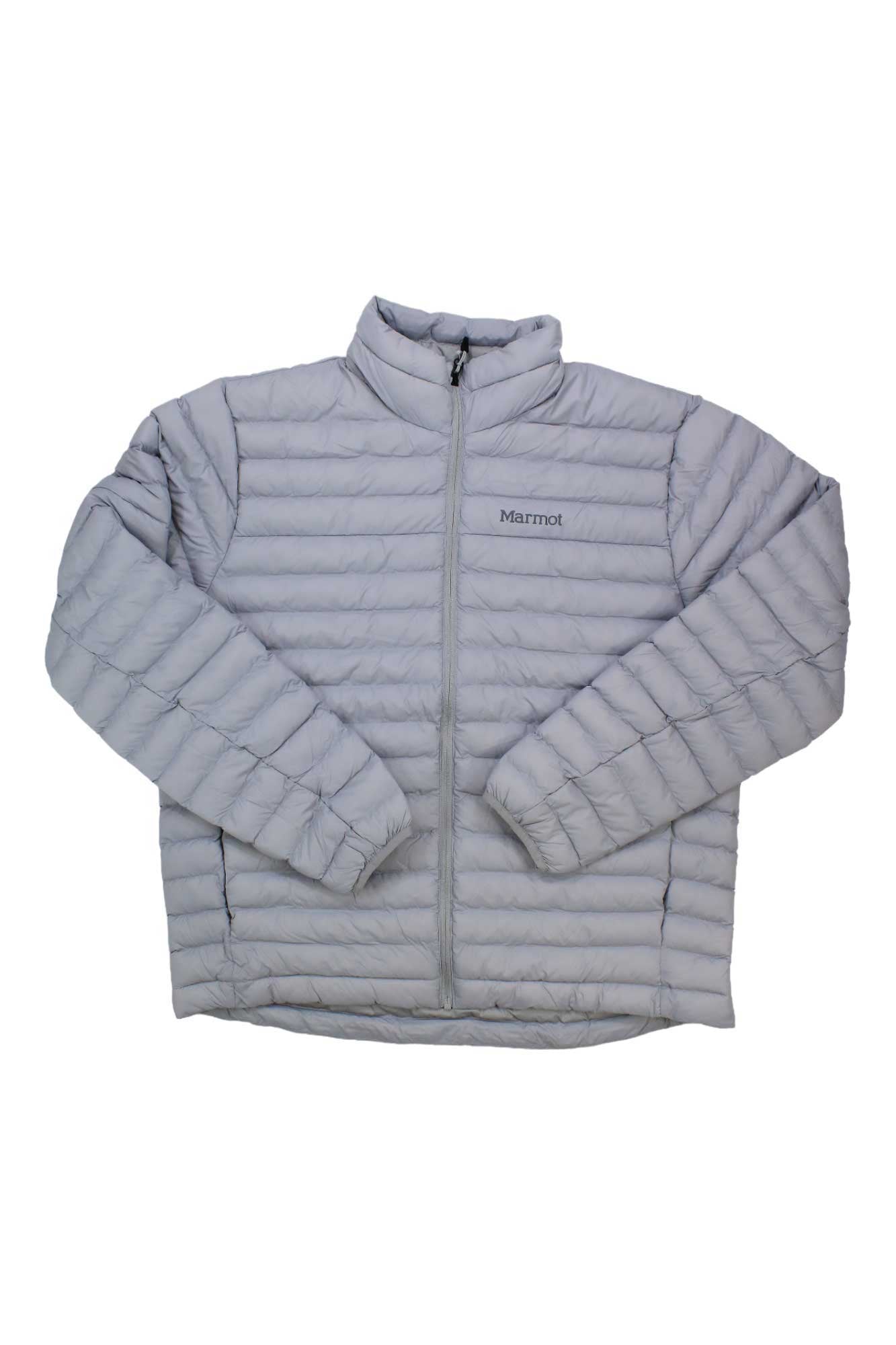 The Marmot Men's Echo Featherless Jacket in light gray features synthetic insulation, a front zipper, long sleeves, and a left chest logo. Made from recycled nylon, it is shown laid flat on a white background.