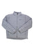The Marmot Men's Echo Featherless Jacket in light gray features synthetic insulation, a front zipper, long sleeves, and a left chest logo. Made from recycled nylon, it is shown laid flat on a white background.