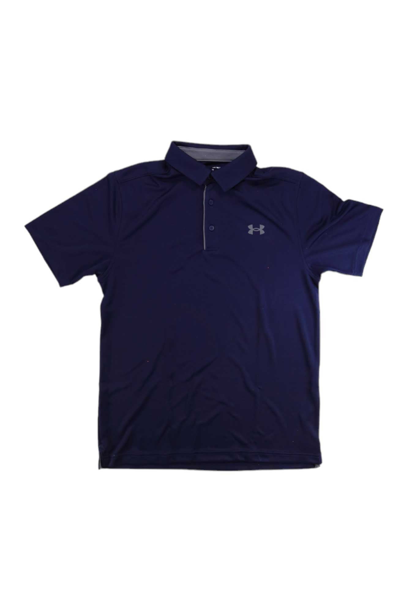 The Under Armour Mens UA Tech Polo is a dark navy blue short-sleeve shirt with a collar, button placket, and Under Armour logo on the left chest. Made with moisture-wicking fabric for quick-drying comfort.