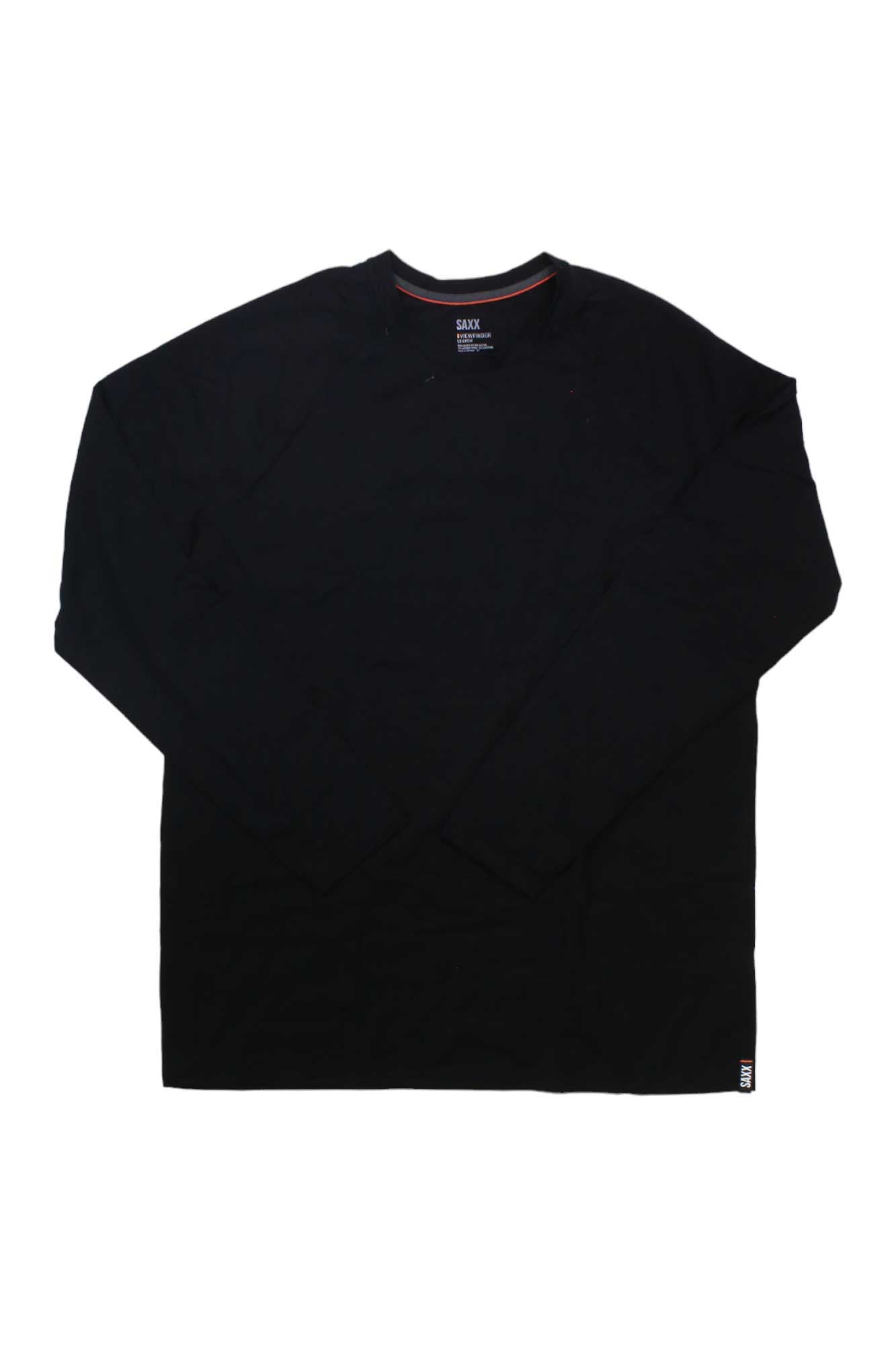 A SAXX Men's Viewfinder LS Crew, plain black hiking long sleeve crew neck shirt, is laid flat on a white background with a small visible tag on the bottom hem.