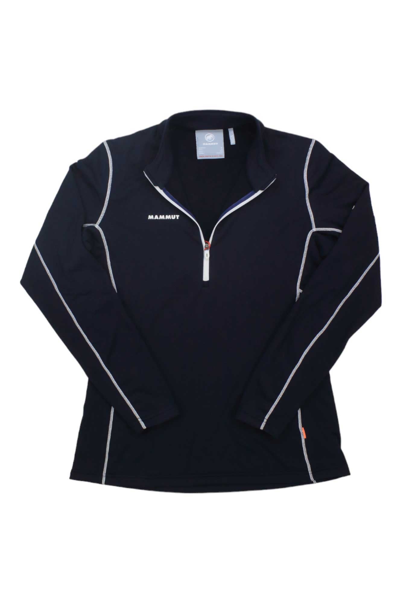 The Mammut Womens Aenergy ML Half Zip Pull Top is a black long-sleeve shirt with white seam stitching, a partial front zipper, and the MAMMUT logo on the left chest. This lightweight fleece pullover is shown laid flat on a white background.
