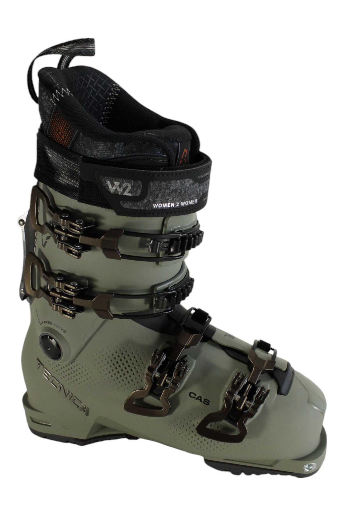 Olive green ski boot with black cuff, rear view, metal buckles on shell