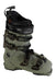Olive green ski boot with black cuff, rear view, metal buckles on shell