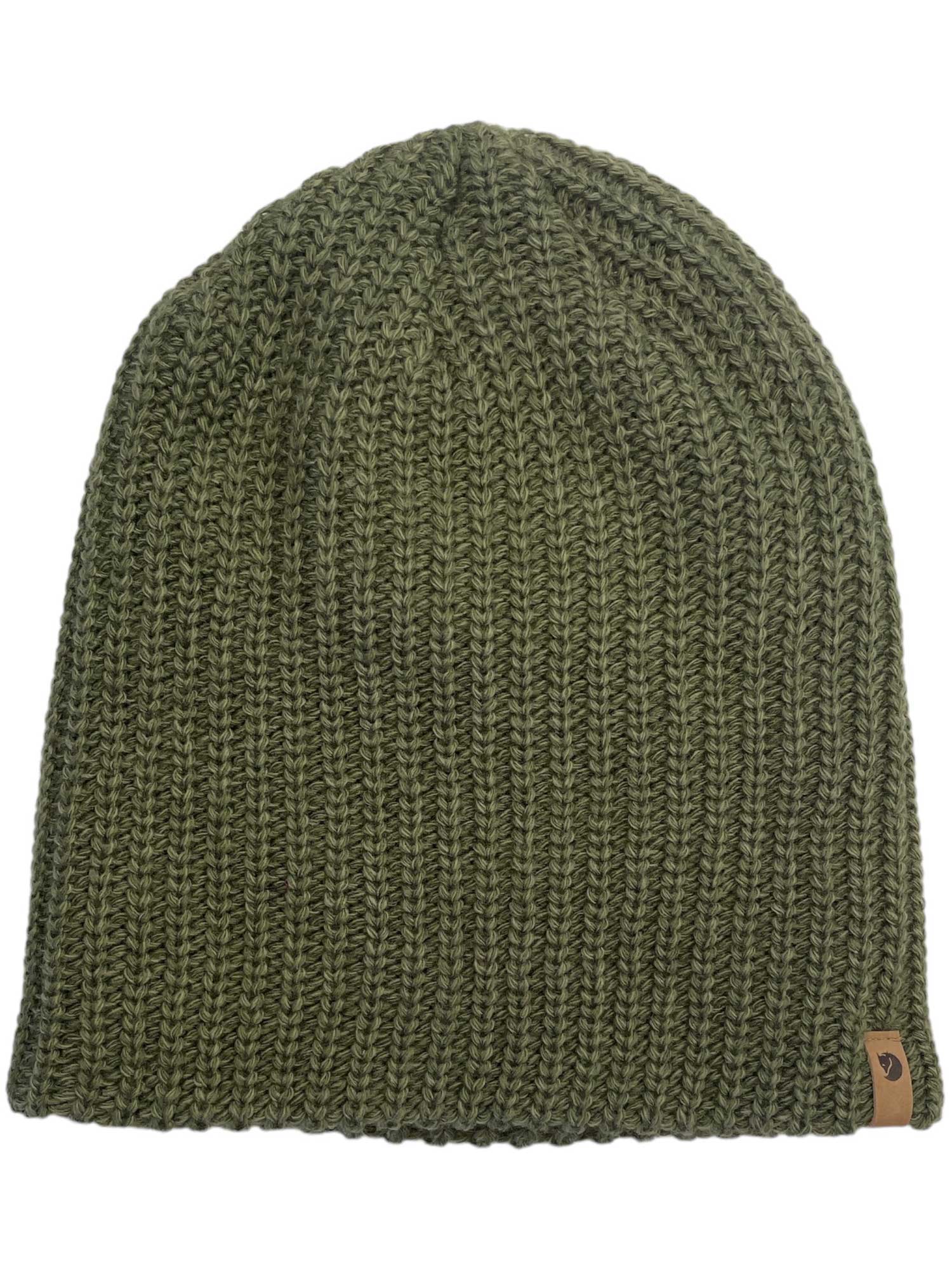 The Fjallraven Ovik Melange Beanie is a knitted olive green hat with a ribbed texture and a small brown tag at the bottom, featuring classic style.