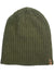 The Fjallraven Ovik Melange Beanie is a knitted olive green hat with a ribbed texture and a small brown tag at the bottom, featuring classic style.