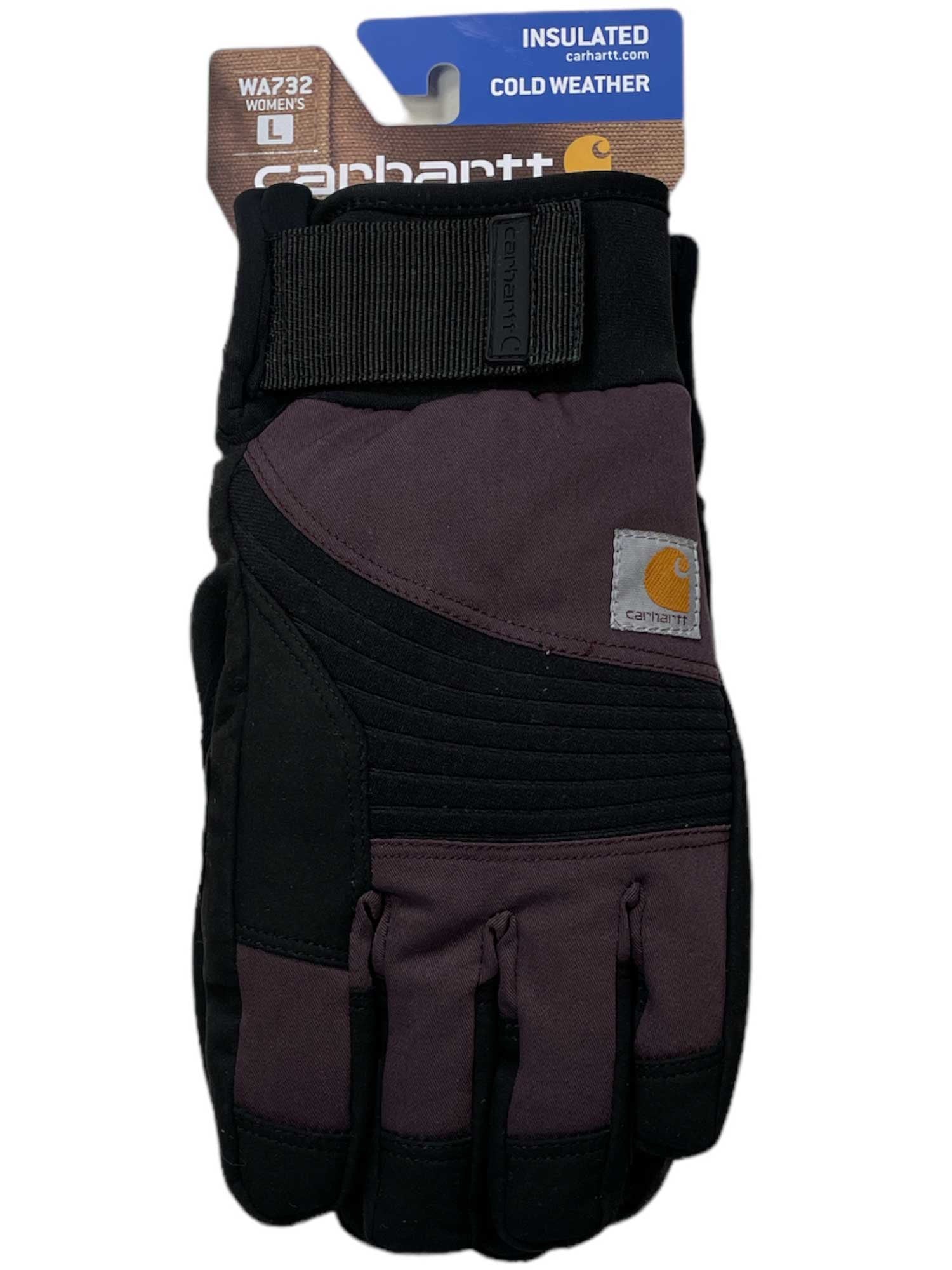 A single Carhartt Womens Stoker Glove in black/dark purple, size large, shown with packaging. This insulated outdoor tactical glove features the Carhartt logo on the front.