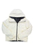 The Helly Hansen Womens Nora Short Puffy Jacket in white features a front zipper, black interior lining, and an adjustable hood, shown laid flat on a white background.