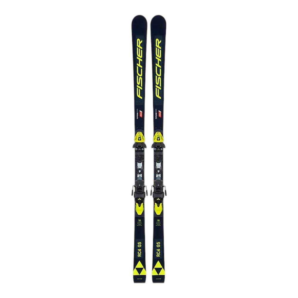 Junior alpine ski pair with mounted bindings, dark blue skis with yellow details