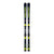 Junior alpine ski pair with mounted bindings, dark blue skis with yellow details